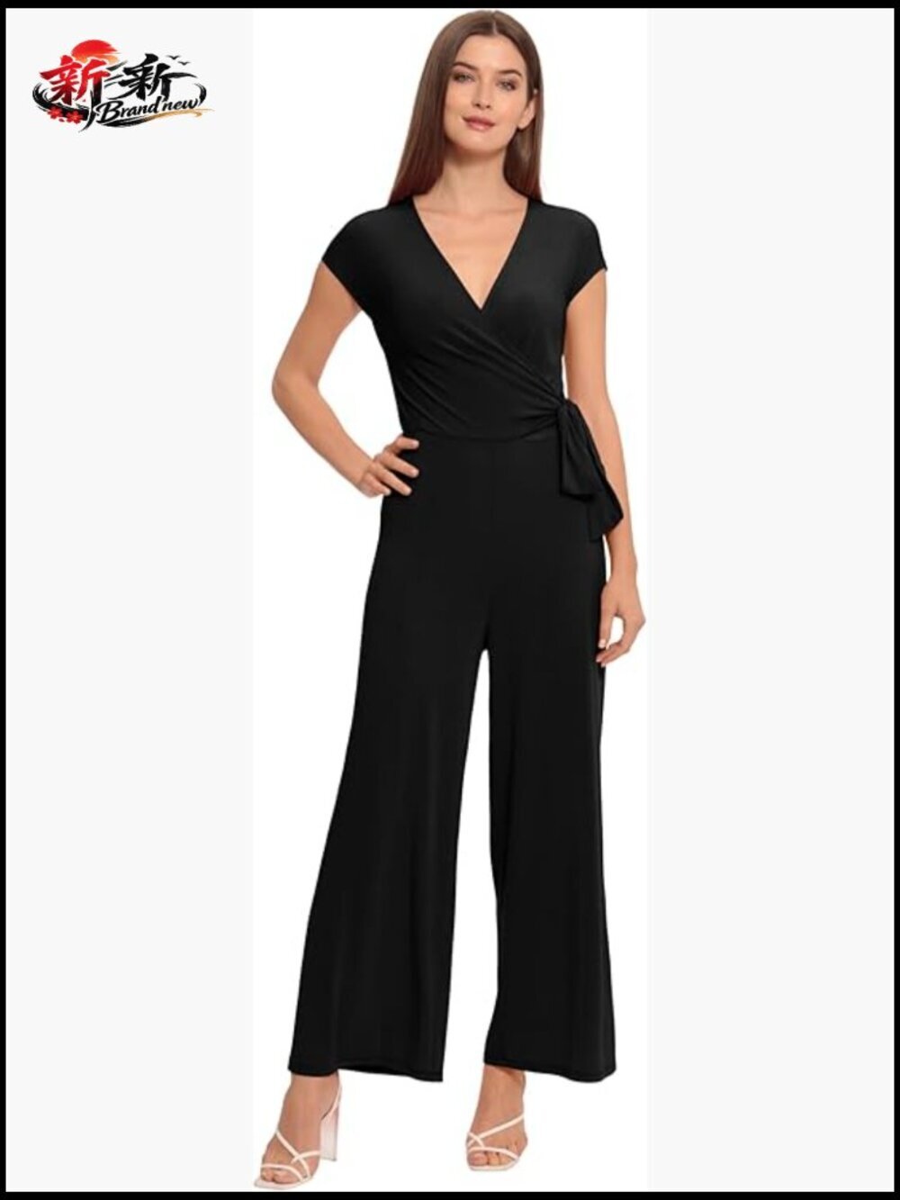 Cap Sleeve Matte Jersey Jumpsuit with V-Neck Wrap Bodice